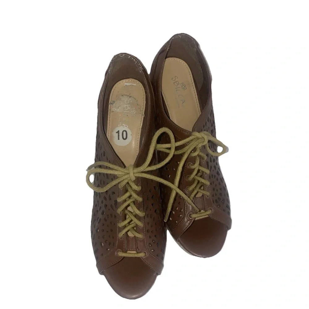 Women's Brown Lace Up Wedge Sandals Size 10 Peep Toe shoes